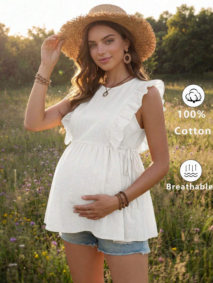 Boho Mama 孕妇夏季休闲纯色荷叶边侧系带衬衫 - 白色 - 查看 1