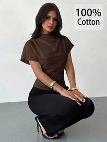 Firerie Wrinkled Collar Asymmetrical Sleeve Side Ruched Cinched Waist Commuter Apricot Bamboo Fiber Linen Blouse For Women, All Season,Summer Top - Brown - View 5
