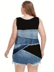 SHEIN LUNE Patchwork Pattern Diagonal Ribbed Crew-Neck Casual Sleeveless Vest, Spring Style - Multicolor - View 2