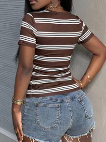 Slaydiva Minimalist Casual Basic Summer Square Neck Short Sleeve Slim Fit Side Ruched Ribbed Stretchy White Women T-Shirt - Multicolor - View 3