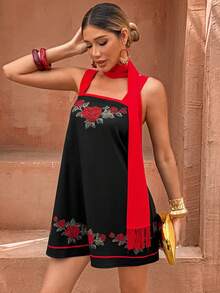 Flora Isola Flora Isola Women's Summer Casual Vacation High Saturation Placement Print Red & Black Spaghetti Strap Square Neck A-Line Short Dress - Black - View 6