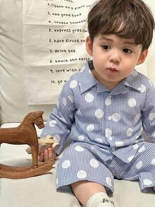 Dazy Kids 2件套幼儿男童条纹爱心印花长袖衬衫和休闲裤家居服套装，春秋季 - 藍白色 - 查看 2