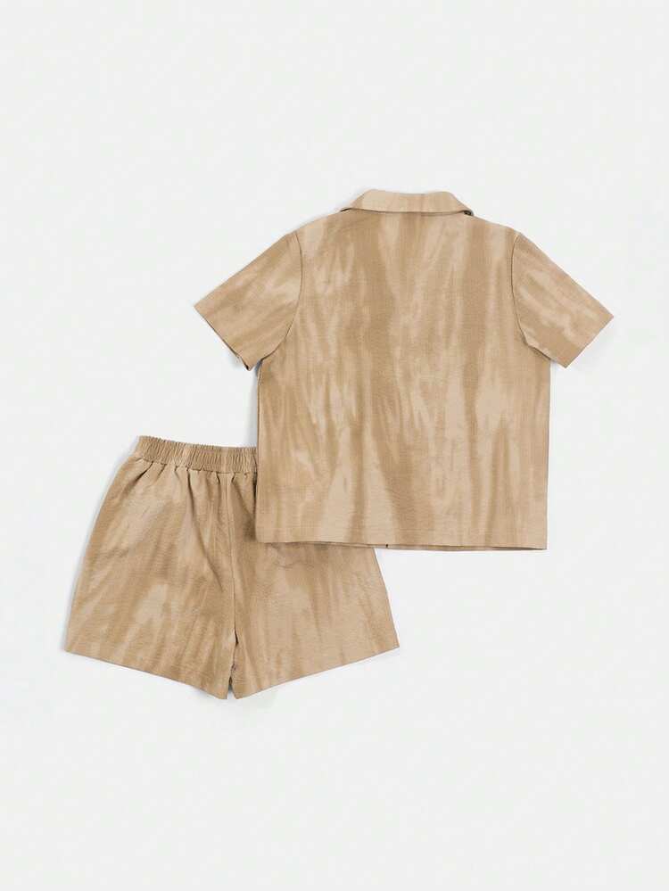 Boys Washed Seersucker Short Sleeve Collared Shirt With Elastic Waist Shorts Co-Ord Set Summer Casual Two Piece Outfit