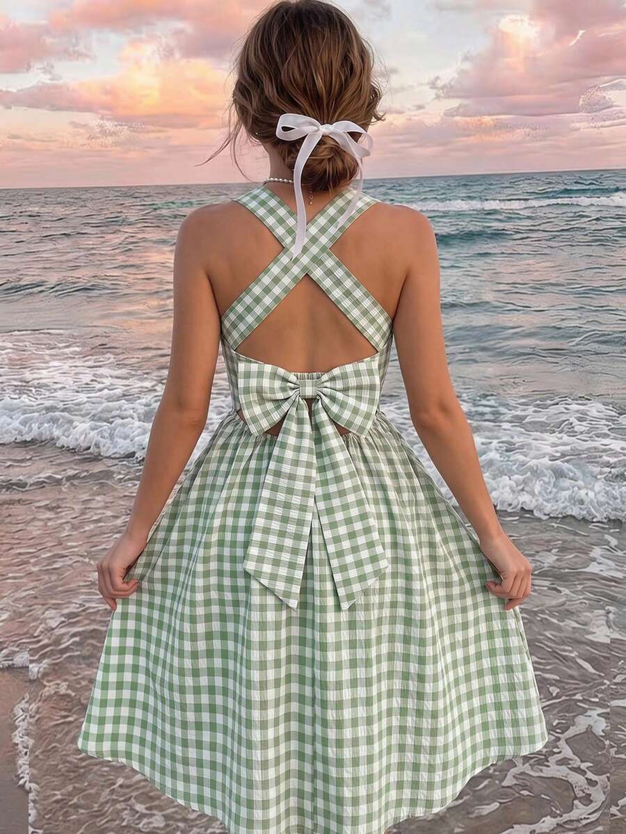 SHEIN 少女春夏新款清新乡村露背大蝴蝶结绿白格纹无袖优雅短裙 - 綠色 - 查看 1