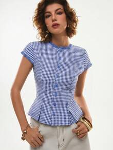 Blusa casual de mujer con estampado de cuadros y ribete de encaje, para verano - Azul y blanco - Ver 4