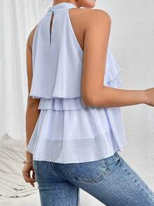 Firerie Loose Neck Ruffle Asymmetrical Chiffon Blouse,Summer Top - Baby Blue - View 7