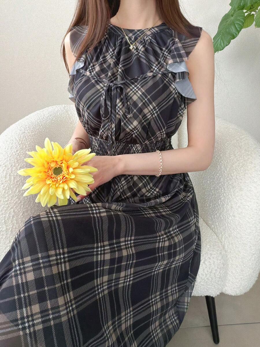 FRIFUL Đầm lưới xuyên thấu cổ tròn kẻ caro mùa hè dành cho nữ - màu đen - Xem 1