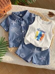 SHEIN Playful Pals 3件組 嬰幼兒男童休閒學院風字母藍白條紋背心、佩斯利花卉印花襯衫、短褲 夏季度假假日套裝 - 藍色 - 查看 2
