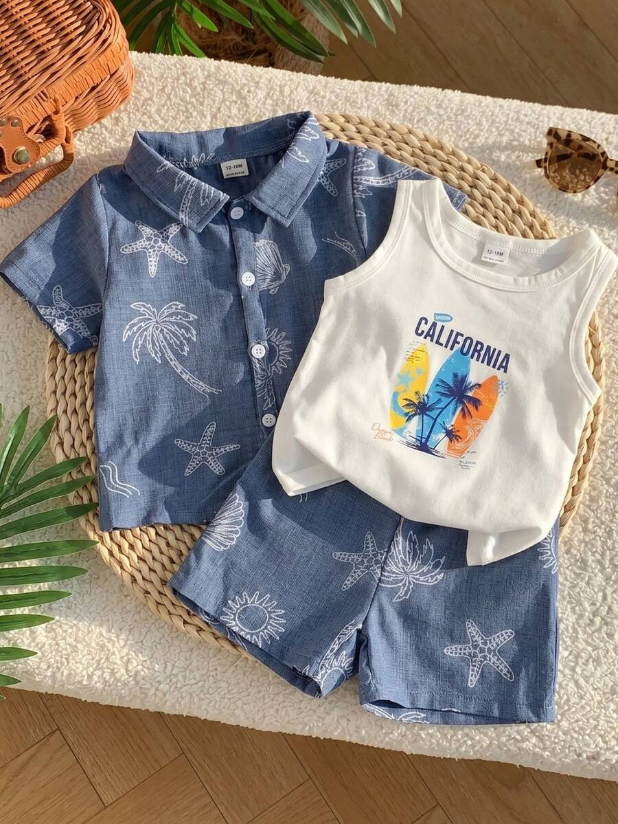 SHEIN Playful Pals 3件組 嬰幼兒男童休閒學院風字母藍白條紋背心、佩斯利花卉印花襯衫、短褲 夏季度假假日套裝