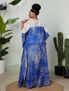 Maweii Plus Size Women White Lace Patchwork Dress, Batwing Sleeve Robe, Loose Long Dress, Cover Up Style Dress, Split Maxi Robe, Beach Holiday,Holiday Outfts For Women,Casuallong Dresses,Blue Dress - Blue - View 3