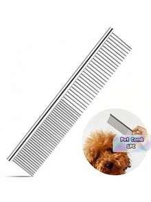 1PC, Stainless Steel Pet Grooming Comb, Long Thick Hair Removal Brush, Specially Designed For Dogs And Cats. Easily Untangles Hair Knots, Gently Removes Loose Undercoat Hair, Also Can Be Used As A Flea Comb. - Silver - View 1