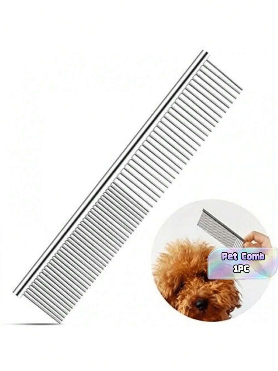 1PC, Stainless Steel Pet Grooming Comb, Long Thick Hair Removal Brush, Specially Designed For Dogs And Cats. Easily Untangles Hair Knots, Gently Removes Loose Undercoat Hair, Also Can Be Used As A Flea Comb. - Silver - View 1