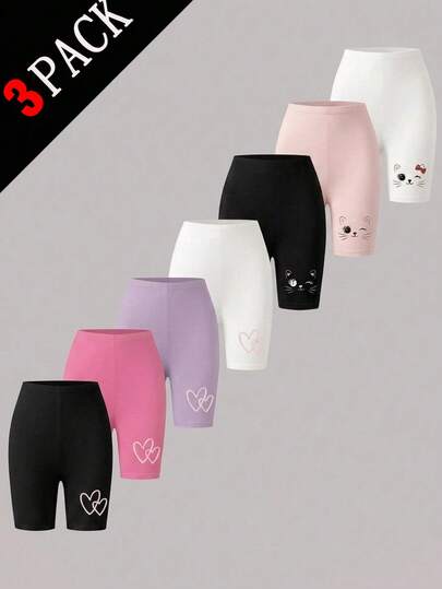Quần legging dệt kim in họa tiết tình yêu cho bé gái lớn, thích hợp mặc ở nhà và ngoài trời, gồm 3 chiếc, kiểu dáng ôm sát, chống xuyên thấu.
