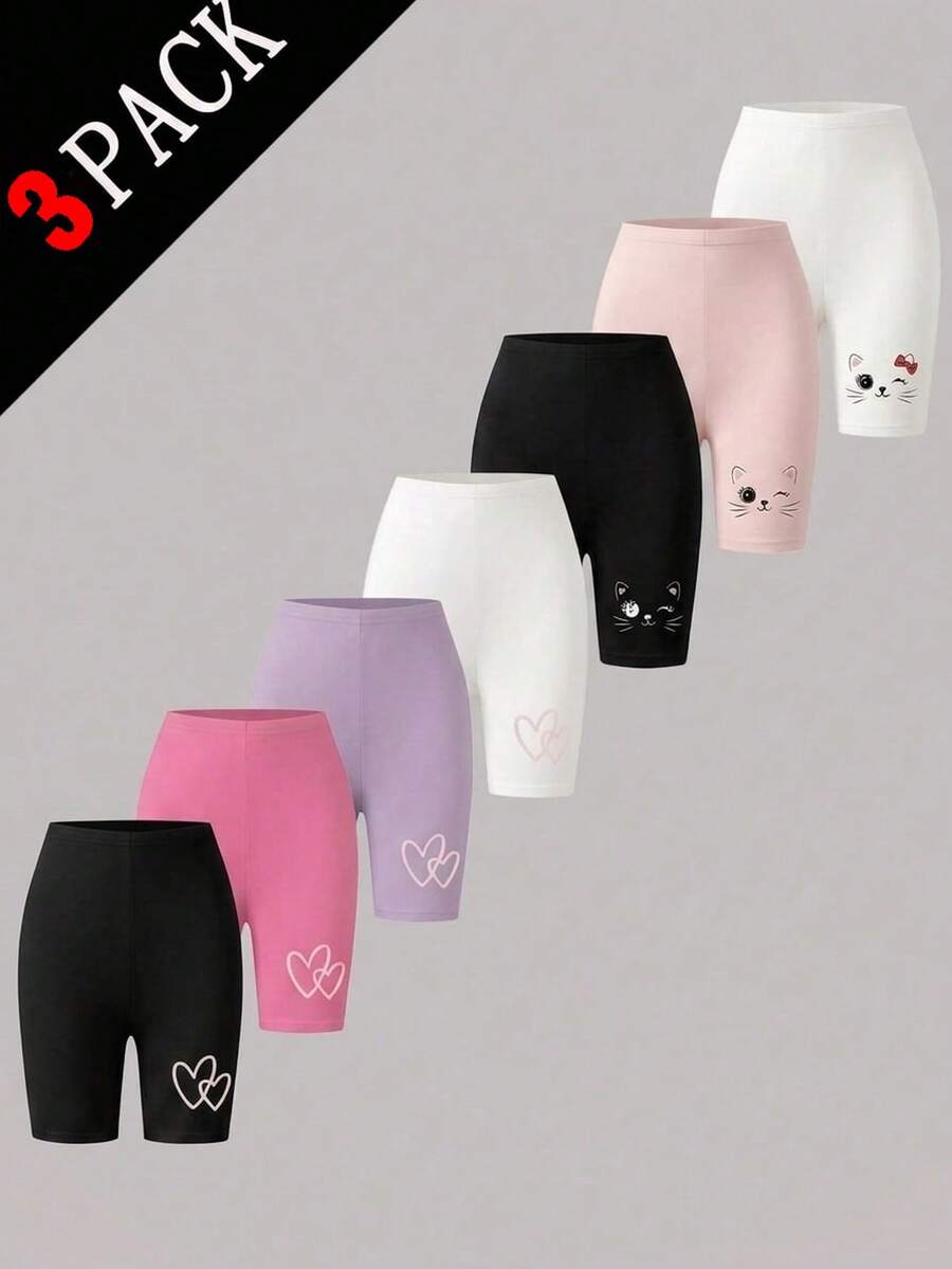 Quần legging dệt kim in họa tiết tình yêu cho bé gái lớn, thích hợp mặc ở nhà và ngoài trời, gồm 3 chiếc, kiểu dáng ôm sát, chống xuyên thấu. - Nhiều màu - Xem 1
