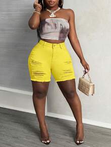 Slaydiva Plus Size Summer Fashion Solid Color Distressed Frayed Hem Skinny Denim Shorts - Yellow - View 6