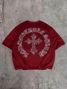 AXEPEAK Men's Casual Loose Fit Short Sleeve T-Shirt, White With Rhinestone Decor, Standard Size, Summer - Burgundy - View 5