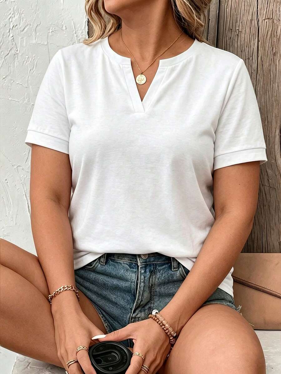 SHEIN LUNE 新款大码女式休闲百搭V领短袖T恤 - 白色 - 查看 1