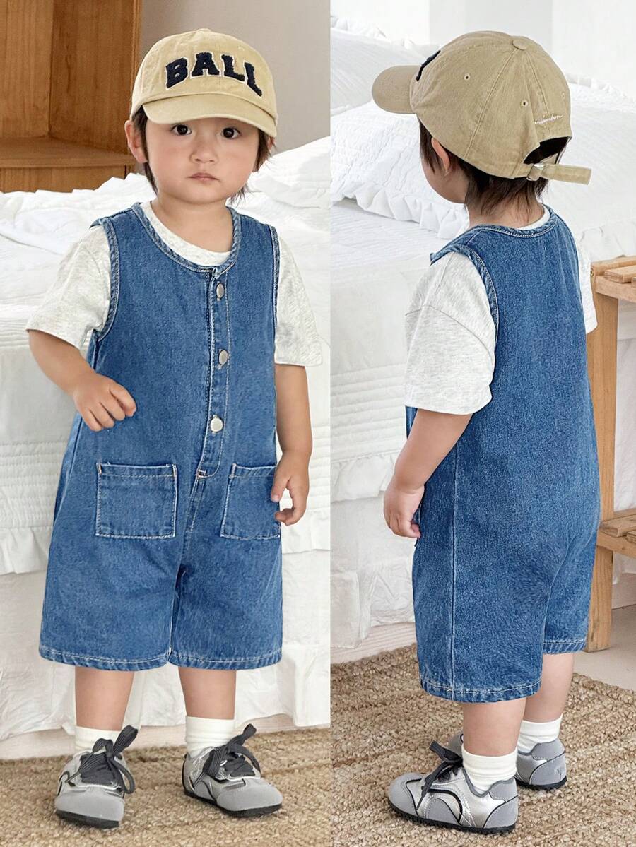 Bộ áo liền quần không tay cho bé trai, màu xanh navy. - Rửa nhẹ - Xem 1