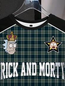 Rick and Morty X SHEIN 女士格子圆领短袖休闲T恤，印花 - 白色 - 查看 4