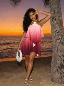 BamGleam Women's Gradient Backless Halter Mini Dress, Suitable For Beach Vacation - Multicolor - View 4