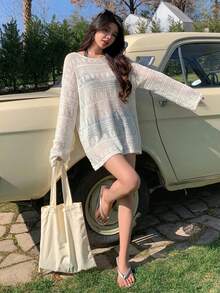 DAZY 女款度假純色蝙蝠袖寬鬆遮陽罩衫 夏季款 - 白色 - 查看 3
