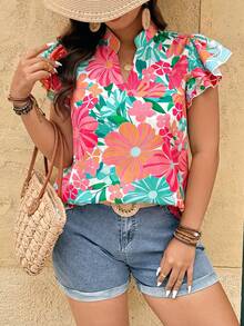 Breezaya Blusa con cuello en V, mangas con volantes y estampado floral para mujer talla grande - Multicolor - Ver 6