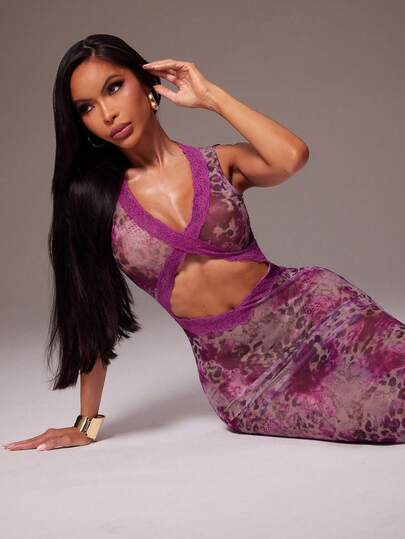 Radiana Women's Sexy Fashion Purple Leopard Print Lace Patchwork V-Neck Backless Mermaid Dress, Suitable For Dates, Gatherings, Parties, Clubs, Daily Outings, Vacations, Beach, Cocktail