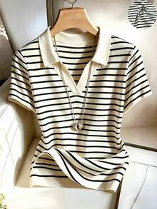 SHEIN Franclia Women's Black And White Striped V-Neck Short Sleeve T-Shirt Office Summer Casual - Apricot - View 2