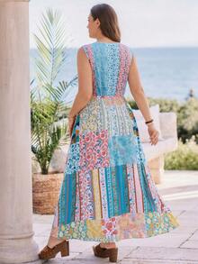 Rosumi Plus Size Women Patchwork Pattern Sleeveless Casual Dress Gym Brown Summer - Multicolor - View 4