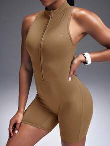 Powerista Solid Color Zipper Fitted Sleeveless Sports Jumpsuit, Summer - Brown - View 5