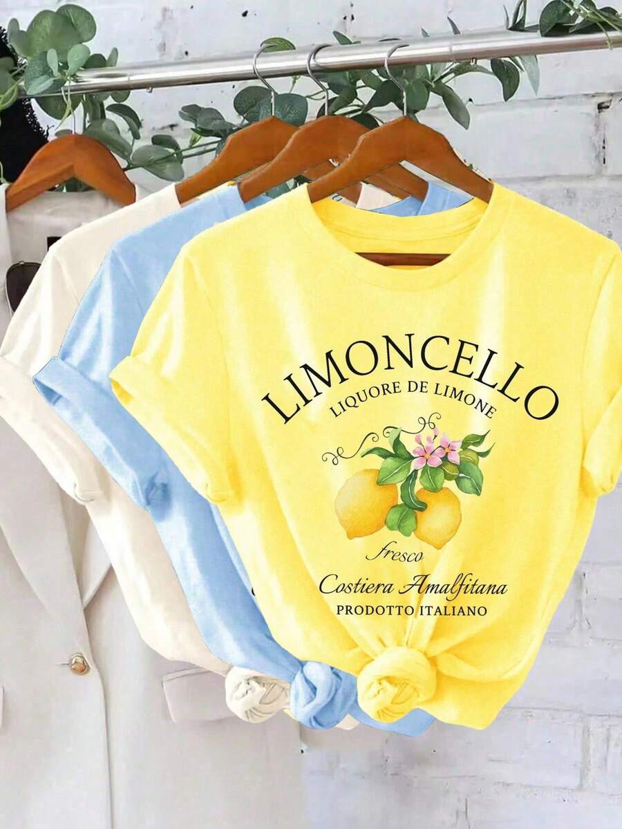 EMERY ROSE LIMONCELLO 女士柠檬印花休闲T恤,亮丽的柠檬色和充满活力的色彩,洋溢着夏日阳光和活力,是完美的节日礼物。这款T恤还能修饰身材! - 黃色 - 查看 1