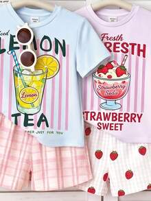 Cremeweiß & Frischgrün kariert, Inselresort Strandseiten Eiszitronen-Tee Muster, Baby Mädchen Casual Minimalist Rundhals Kurzarm T-Shirt und Shorts 2-teiliges Set, geeignet für Frühling/Sommer Alltagstragen, Street-Style, Urlaub, Farm, Resort - Verschiedenfarbig - Übersicht 3