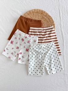 Cozy Pixies 4件組幼女可愛復古圓點、花卉、條紋印花彈性腰純色內搭褲，舒適適合春夏室內外穿著，可愛夏季童裝，出遊必備，Y2K、日系可愛、派對、日常、度假、舒適、2026夏季、鄉村風、週末休閒、拍照穿搭 - 棕色 - 查看 2