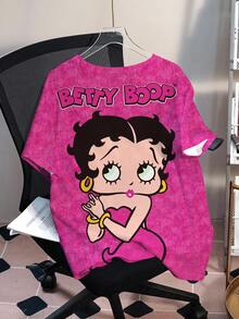 Betty Boop x SHEIN 大尺碼女款圓領卡通字母印花休閒 90s 2000s 百搭日常短袖T恤 早午餐約會之夜 嬰兒粉 夏季 - 白色 - 查看 3