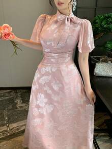 DAZY Textured Elegant Waist-Cinched Casual Long Dress For Women, Spring Summer Party Dusty Pink Sundress - Pink - View 5