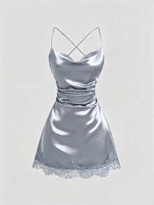 Sweetra New Satin Mini Dress With Contrast Lace, Coffee Color, Suitable For Party Wear - Blue - View 1