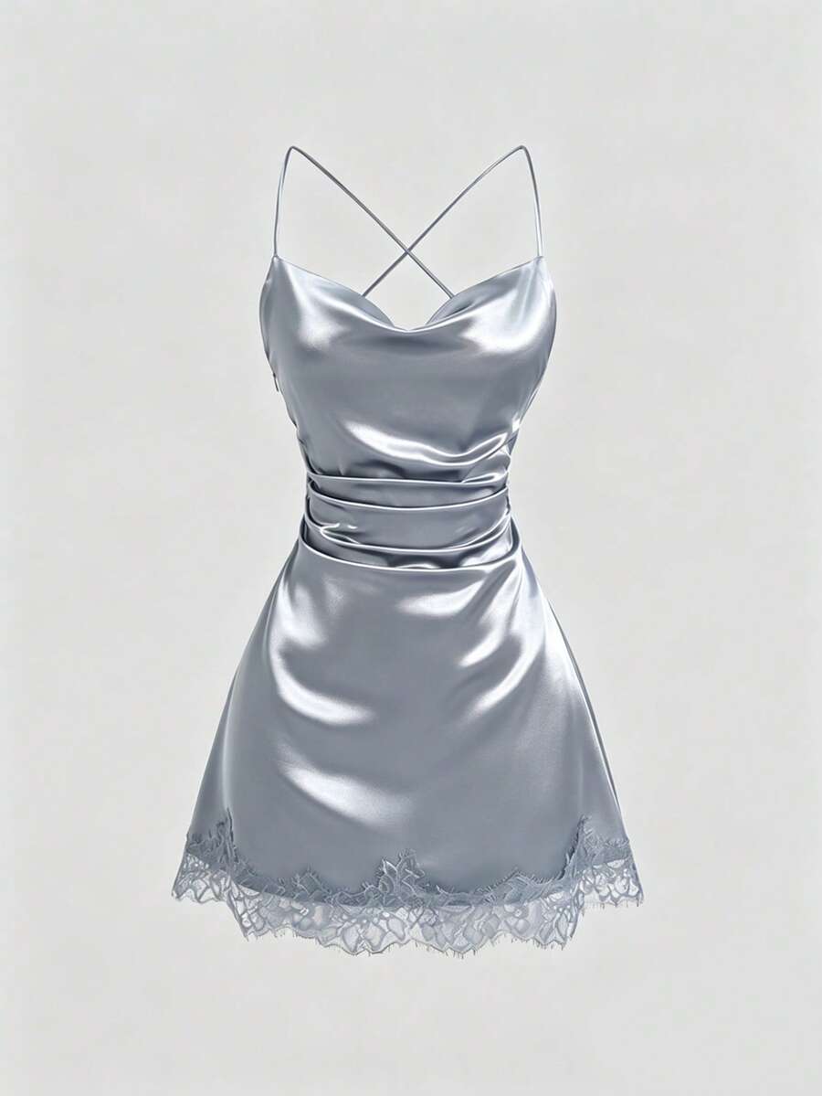 Sweetra New Satin Mini Dress With Contrast Lace, Coffee Color, Suitable For Party Wear - Blue - View 1
