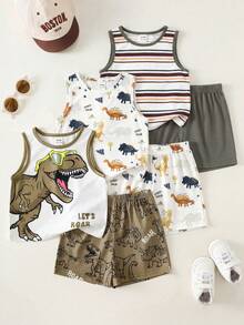 SHEIN 6pcs/Set Unisex Baby Casual Cute Cartoon Print Knit Vest & Shorts Set, Summer Outfit - Multicolor - View 4