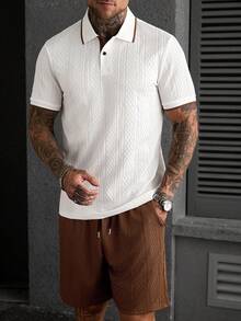Manfinity CasualCool Bộ đồ nam mùa hè thường ngày, thích hợp cho kỳ nghỉ và đi làm, gồm áo polo tay ngắn và quần short cạp chun, chất liệu vải dệt họa tiết, kèm dây rút. - Nhiều màu - Xem 5
