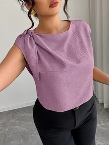 Elenzga Elegant Purple Autumn Sleeveless Linen-Cotton Shirt,Formal Plus-Size Blouse With Shoulder Ties,Stylish Streetwear Office Top For Spring & Summer - Purple - View 4