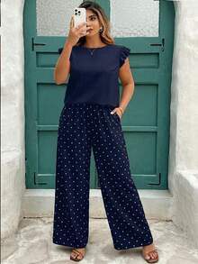EMERY ROSE Casual Minimalist Blue Polka Dot Plus Size Printed 2 Pieces Set, Suitable For Summer - Multicolor - View 5