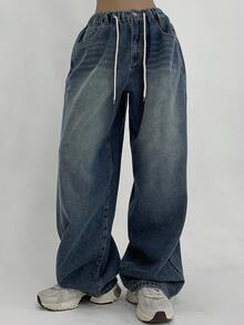 DAZY Women's Drawstring Waist Pockets Wide Leg Loose Casual Sexy Jeans Petite Swimming Pastal Summer - Blue - View 6
