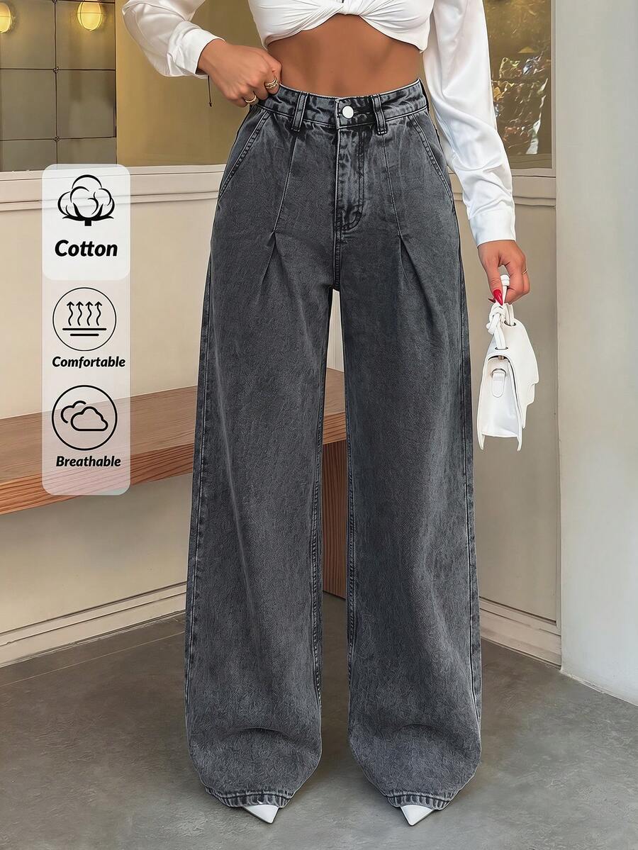 SHEIN Cottnline 100% Cotton HIGH WAIST WIDE LEG VINTAGE JEAN - Dark Grey - View 1