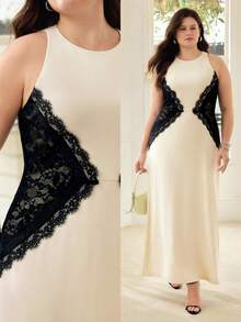 MOTF PREMIUM VESTIDO TALLA GRANDE CON PARCHES DE ENCAJE DE COLOR CONTRASTANTE, PRIMAVERA/VERANO - Albaricoque - Ver 7