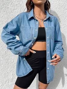 SHEIN ICON Áo sơ mi denim dài tay nữ, cài một hàng cúc, kiểu dáng thường ngày, đa năng. - Rửa nhẹ - Xem 6