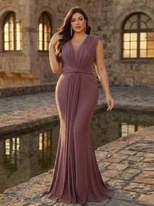 Aureia Gaun Pesta/Acara Malam Musim Dingin Elegan Bergaya Formal Berlipit Warna Ungu Pucat Ukuran Besar dengan Leher V Dalam dan Desain Pinggang Lebar, Cocok untuk Pernikahan - Dusty Pink - View 3