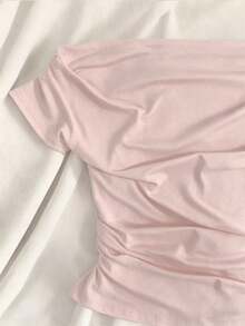 INAWLY Camiseta casual de mujer de un solo color con hombros descubiertos y fruncido - Rosa Pálido - Ver 4