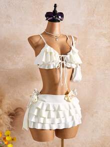Bellisia 26SS Backless Spaghetti Strap Floral Lace-Up Sexy 3 PiecesBikini Set For Vacation - White - View 3