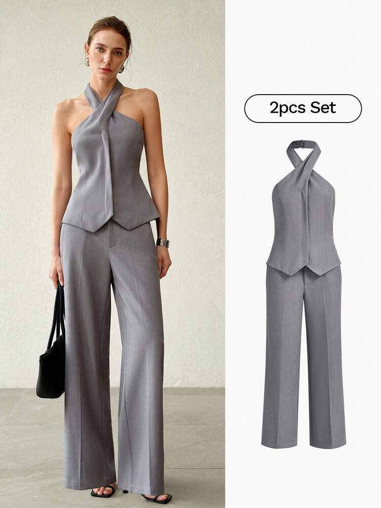 2PCS WOMEN'S SET: HALTER BACKLESS TOP + SLIM FLARE LEG PANTS, RETRO STYLE