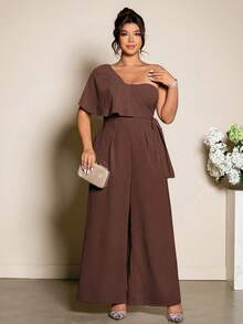 Elenzga Combinaison femme grande taille avec épaules croisées et ceinture à nouer, élégante pour les sorties, les déplacements et les rendez-vous - Tabac - Voir 6
